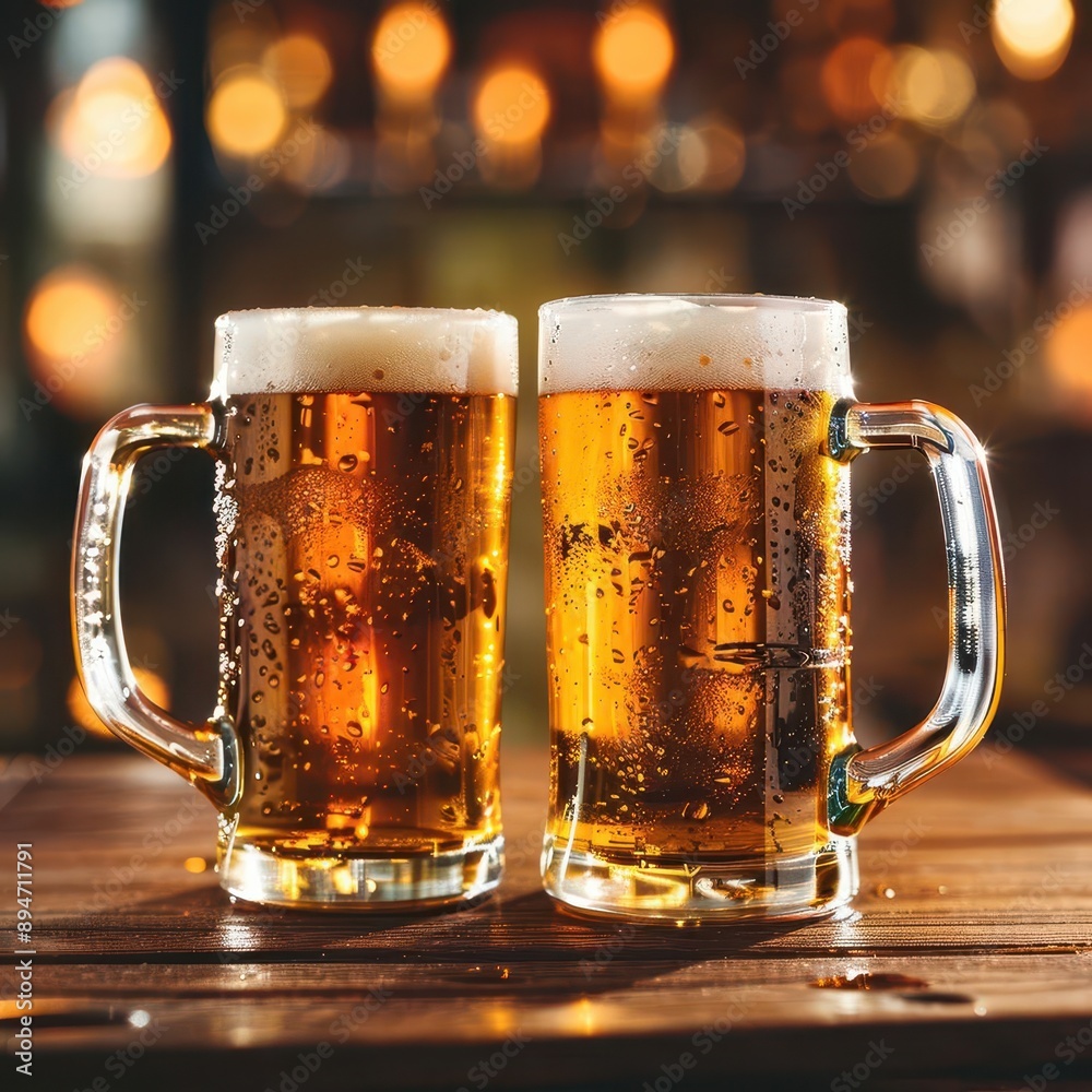 two frosty beer mugs clinking together on rustic wooden table amber liquid glistens in warm pub lighting creating inviting scene of celebration and camaraderie two frosty beer mugs clinking together on rustic wooden table amber liquid glistens in warm pub lighting creating inviting scene of celebration and camaraderie