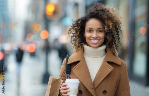 Woman Smiles While Holding Coffee and Shopping Bags