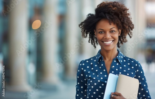 Woman Holding a Folder in Front of a Building