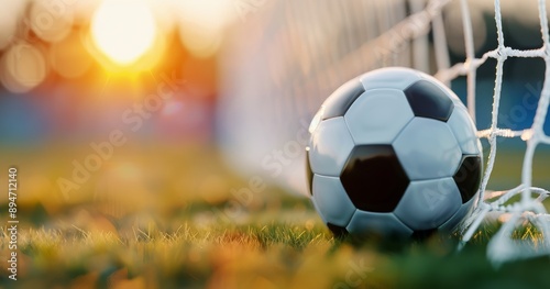 Soccer Ball in Goal Net at Sunset