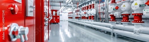 Fire protection system in place, alarms, fire cabinet, safety compliance