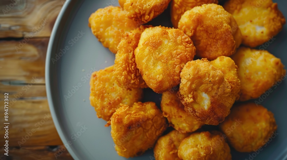 Aerial shot of golden chicken nuggets on a plate, creating an appetizing and inviting image. Aerial shot of golden chicken nuggets on a plate, creating an appetizing and inviting image.