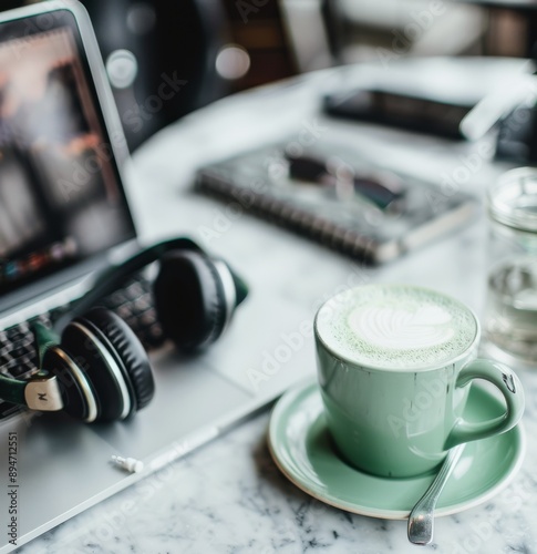 Laptop, Headphones, and Coffee in a Cafe