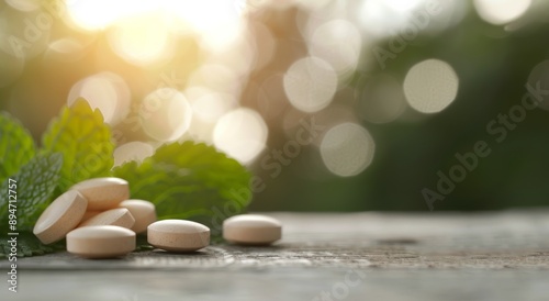 Golden Supplements On Wooden Surface At Sunset