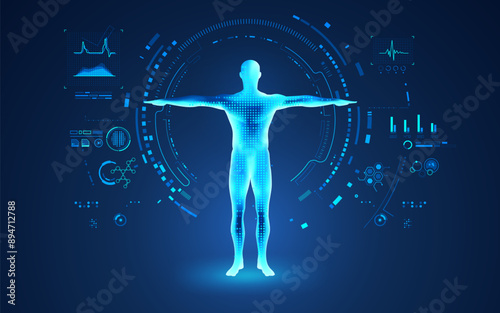 concept of medical healthcare technology, graphic of human body with analysis interface