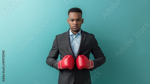 Businessman in Boxing Gloves Ready for Challenge photo