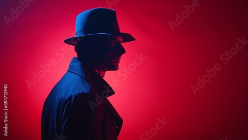 Silhouette of 40s Chicago Mafia Member in Fedora Hat with Retro Wave Style Colors - Noir Film Character Against Dark Red Background