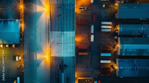 Create an aerial view of large logistics warehouses in the evening. The image should showcase the expansive scale of the warehouses, illuminated by evening light, capturing the essence of industrial l photo