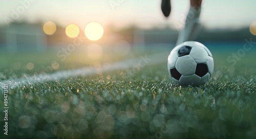Soccer Ball On Field At Sunset