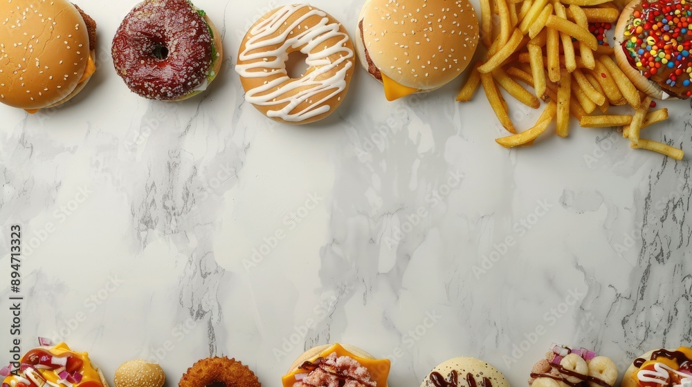 Assorted junk food forming a top border over a white marble surface, emphasizing their variety and appeal. Assorted junk food forming a top border over a white marble surface, emphasizing their variety and appeal.