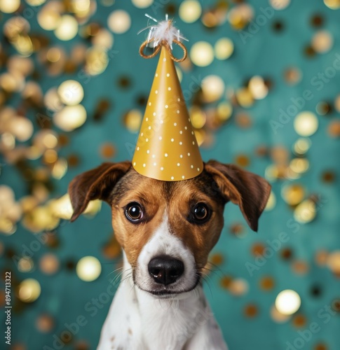 Dog Wearing Party Hat Against Confetti Background