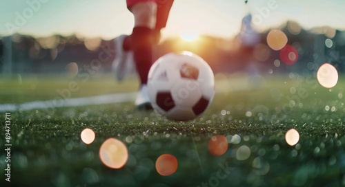 Soccer Ball On Field At Sunset