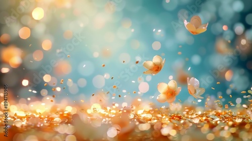 Golden Coins Falling on Blue Background