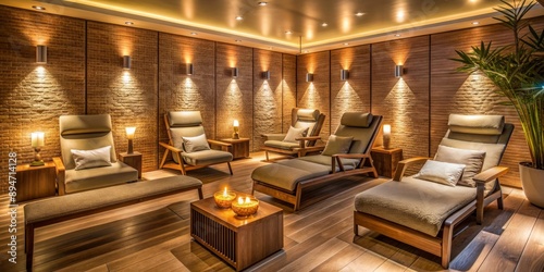 Wallpaper Mural Cozy relaxation room with comfortable armchairs, dim lighting, and calming ambiance, perfect for unwinding after a rejuvenating spa treatment or sauna session. Torontodigital.ca