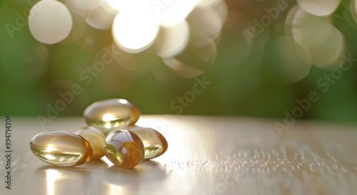 Golden Supplements On Wooden Surface At Sunset