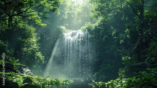 A serene waterfall cascading through a lush green forest, bathed in gentle sunlight.