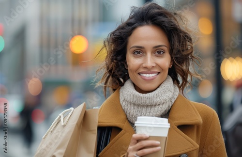 Woman Smiles While Holding Coffee and Shopping Bags
