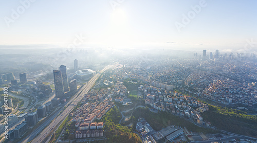 Istanbul, Turkey. Panorama of the city in the morning. Skyscrapers and residential areas. Highways. Aerial view