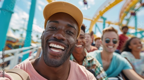 A group of friends, with a man in a yellow cap leading, enjoy a fun roller coaster ride, capturing the joy and excitement of shared experiences at an amusement park.