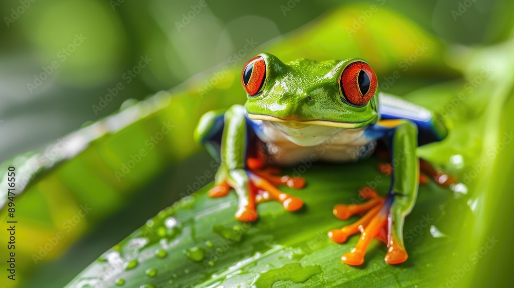 Close-up of a frog sitting on a green leaf, showcasing its vibrant colors and natural habitat Close-up of a frog sitting on a green leaf, showcasing its vibrant colors and natural habitat