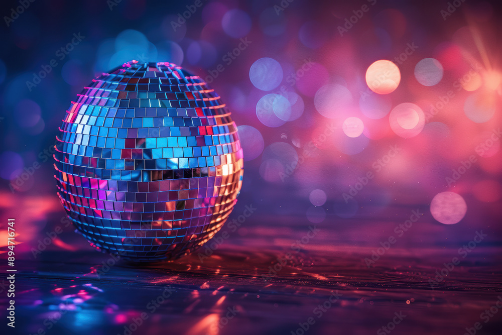 Fototapeta premium Close-up of a disco ball reflecting colorful lights in a vibrant, sparkling atmosphere. Ideal for party, dance, or festive themed designs.