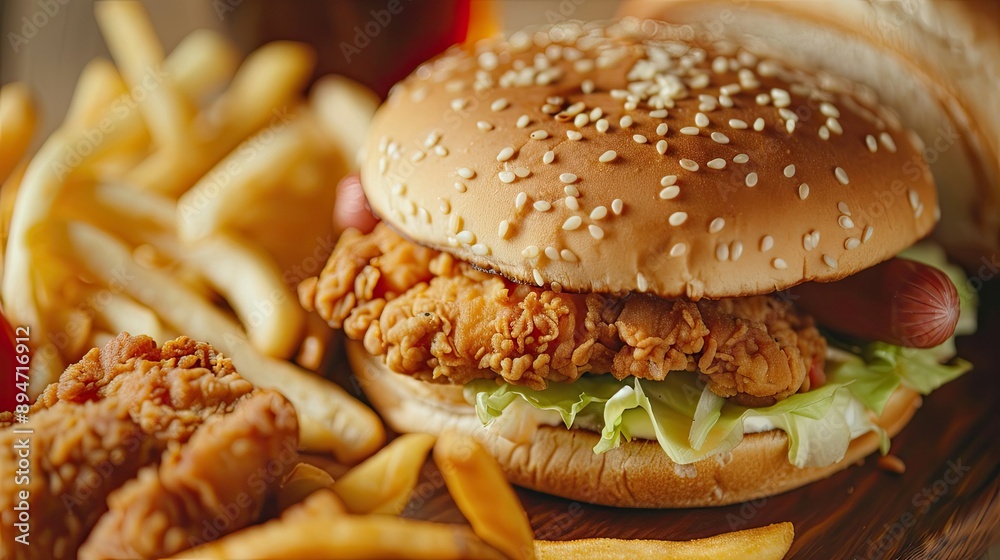 Close-up of American fast food favorites: burger, hot dog, fried chicken, and fries, looking delicious. Close-up of American fast food favorites: burger, hot dog, fried chicken, and fries, looking delicious.