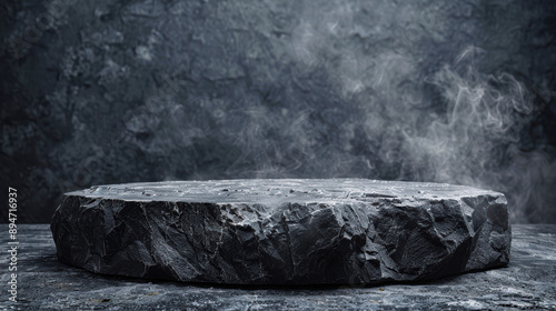 Mystical smoky stone slab against a dark rocky background, evoking a sense of ancient times and natural strength. photo