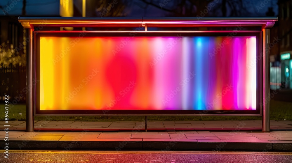 A Bus Stop Billboard With Illuminated Advertisements, Casting A Luminous Glow On The Street