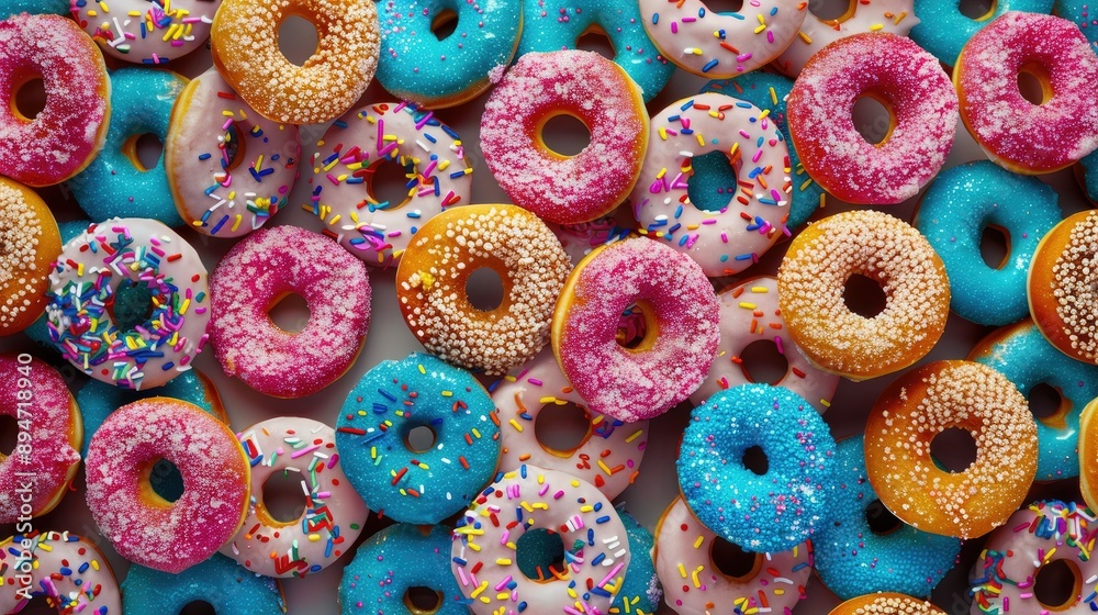 Colorful donuts with sprinkles, arranged in an appealing pattern, creating a fun and tasty scene. Colorful donuts with sprinkles, arranged in an appealing pattern, creating a fun and tasty scene.