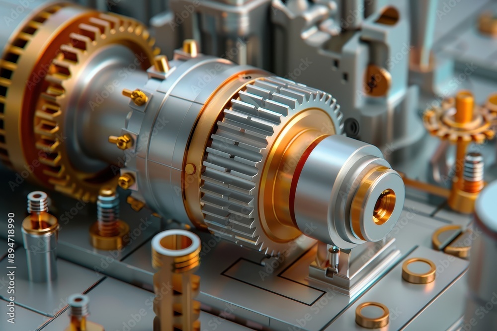 Close-up of a detailed industrial machine component featuring metallic gears and bolts, highlighting precision engineering and manufacturing. Close-up of a detailed industrial machine component featuring metallic gears and bolts, highlighting precision engineering and manufacturing.