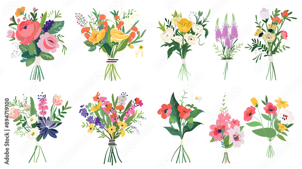 Set of Bouquet Elements for Graphic and Web Design - Minimal Style with Pastel Colors on Transparent Background