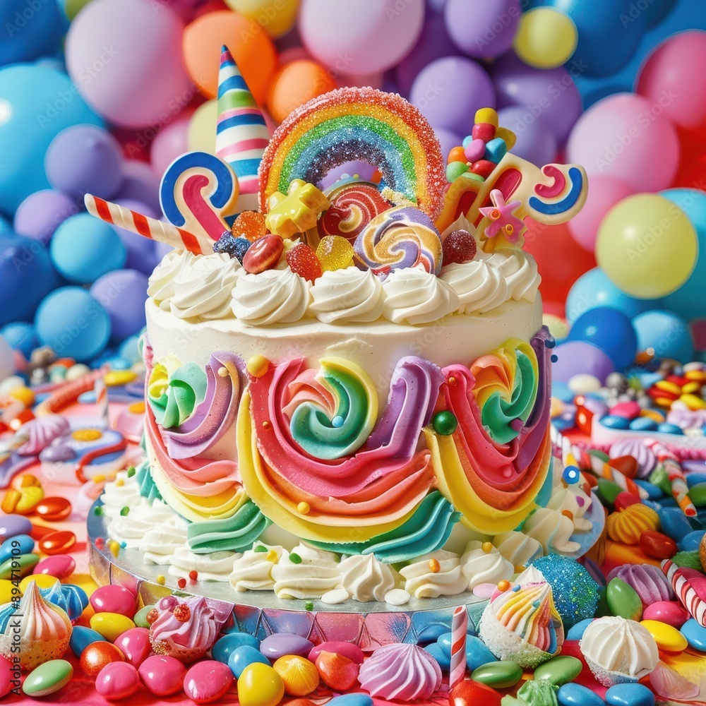 whimsical and elaborate birthday cake adorned with a rainbow of frosting swirls candies and playful decorations atop a festive background