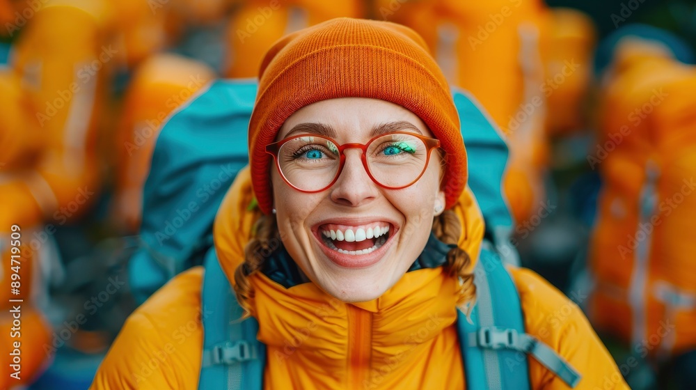 A Cheerful Backpacker Enjoying Memorable Moments On The Street, Looking Around With Excitement A Cheerful Backpacker Enjoying Memorable Moments On The Street, Looking Around With Excitement