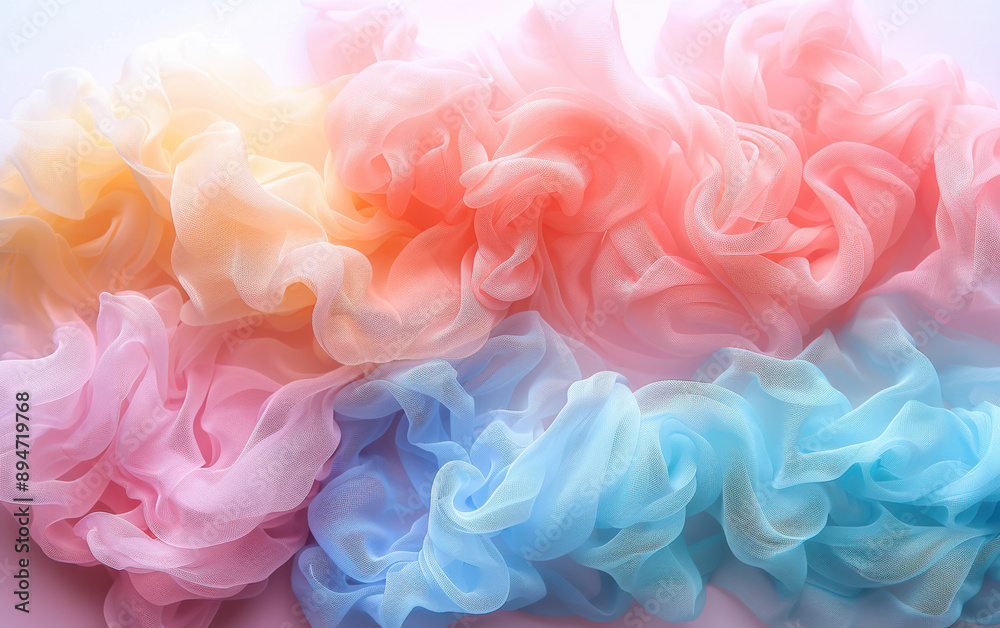 This stock photo showcases delicate pastel-colored chiffon fabric beautifully arranged in soft, flowing layers, creating an elegant and dreamy aesthetic. This stock photo showcases delicate pastel-colored chiffon fabric beautifully arranged in soft, flowing layers, creating an elegant and dreamy aesthetic.