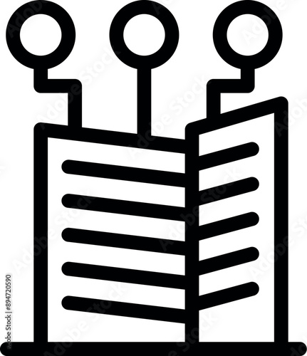 Line art icon of a modern building receiving wireless signals, depicting the concept of smart city management