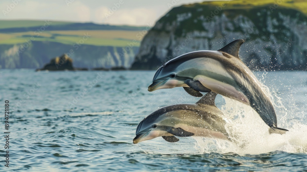 Fototapeta premium Two dolphins jumping out of blue water with a waterfall in the background