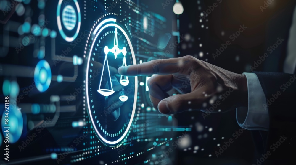Virtual Justice: Businessman Interacting with Digital Law Icon