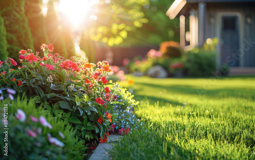 A serene garden at sunrise with colorful flowers, lush green grass, and a cozy house in the background, creating a peaceful morning scene. photo