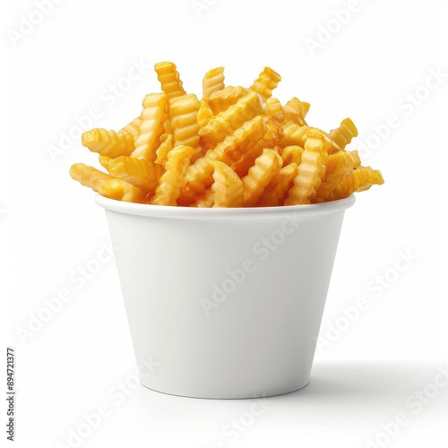 Close-up of crispy crinkle cut French fries in a white paper cup with a clean background, perfect for fast food and snack concepts.
