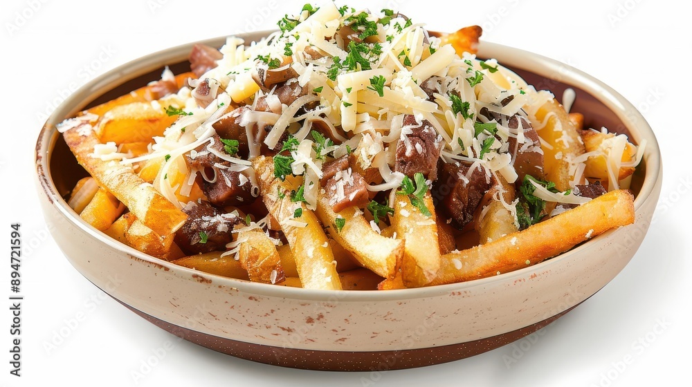 Delicious bowl of loaded fries topped with cheese and herbs. Perfect for comfort food lovers and snack enthusiasts.