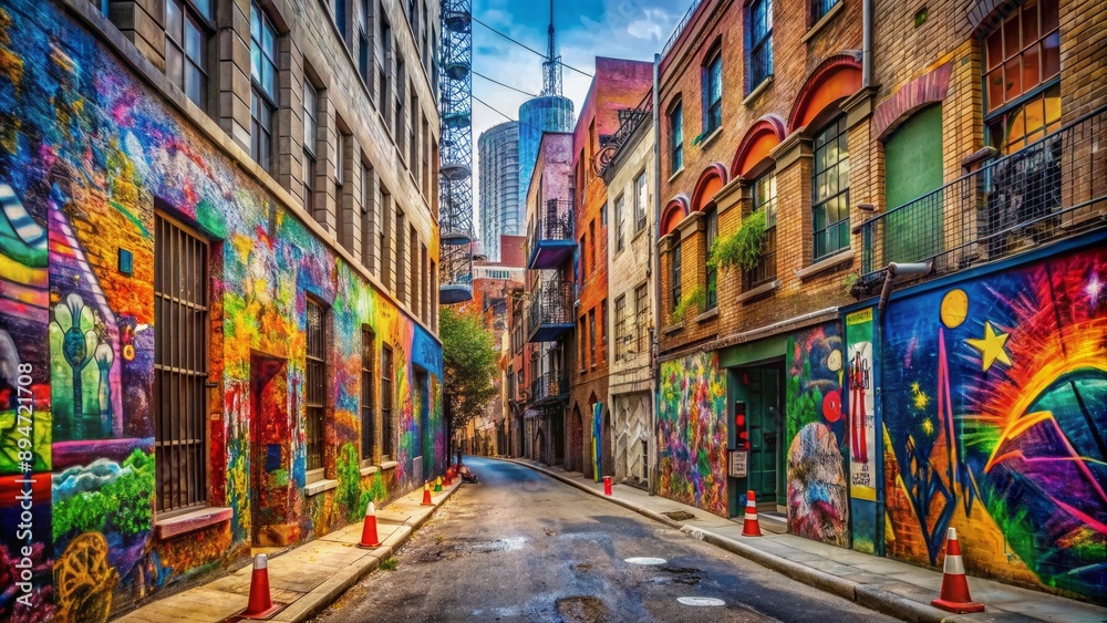 Fototapeta premium Barwny miejski krajobraz z jaskrawymi budynkami pokrytymi graffiti, wyrazistymi napisami i abstrakcyjnymi muralami zdobiącymi ściany zaułków i chodników tętniącego życiem miasta.