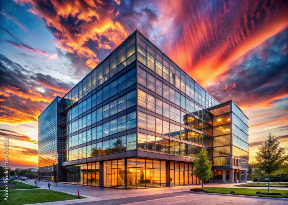 Obraz premium Warm sunset reflections dance across a sleek modern office building's glass facade, set against a vibrant evening sky, at the heart of the corporate district.