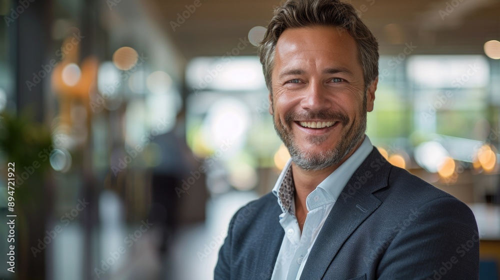 Confident Businessman in Sharp Suit Smiling Warmly with Blurred Office Background Confident Businessman in Sharp Suit Smiling Warmly with Blurred Office Background