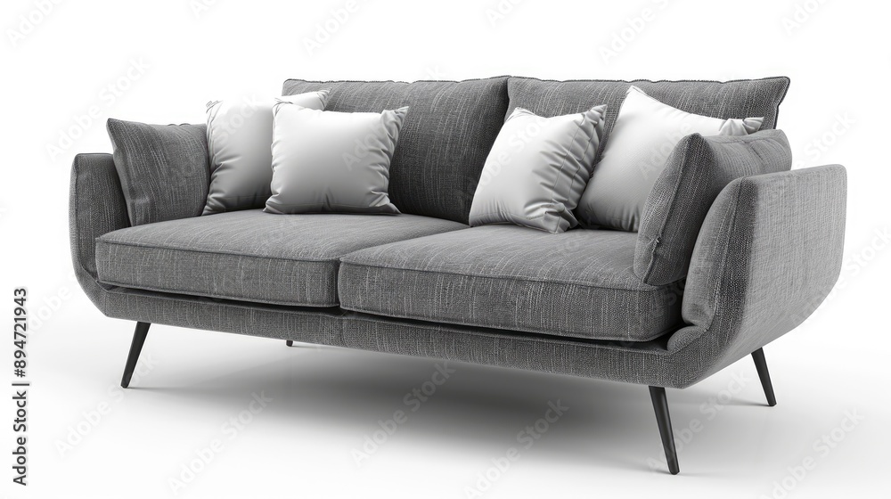 Contemporary Scandinavian gray sofa with legs and pillows, isolated on white. Stylish furniture. Contemporary Scandinavian gray sofa with legs and pillows, isolated on white. Stylish furniture.