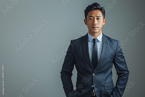 Confident Asian Businessman Portrait with Hands in Pockets on Isolated Background