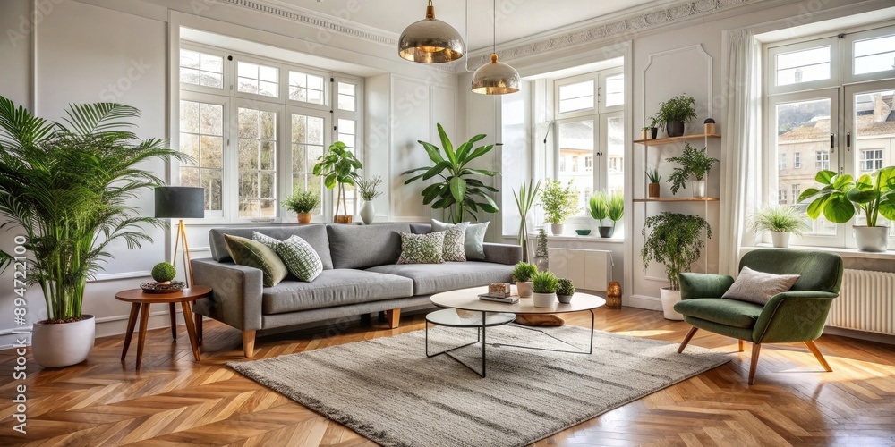Elegant Scandinavian living room features a plush sofa, mid century modern furniture, cozy carpet, wooden floor, white walls, and lush green plants in harmony. Elegant Scandinavian living room features a plush sofa, mid century modern furniture, cozy carpet, wooden floor, white walls, and lush green plants in harmony.