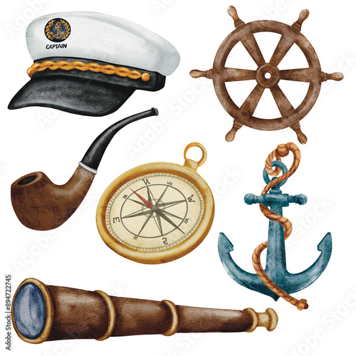 set of nautical elements, marine clipart, sea captain objects, watercolour isolated illustrations on transparent background