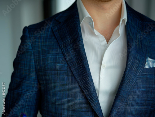 Mannequin in a shop window with a blue jacket and tie