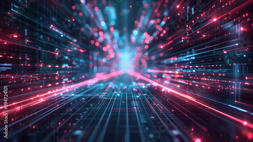 Futuristic digital data stream with glowing neon lines and abstract geometric patterns, representing high-speed information transfer and modern technology.