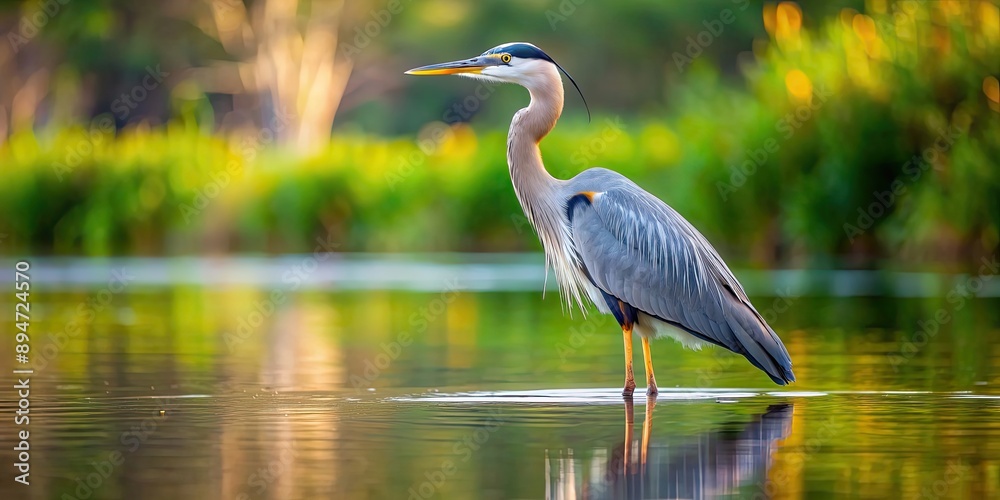 Majestic great blue heron standing in water, wildlife, nature, bird, waterfowl, feathers Majestic great blue heron standing in water, wildlife, nature, bird, waterfowl, feathers